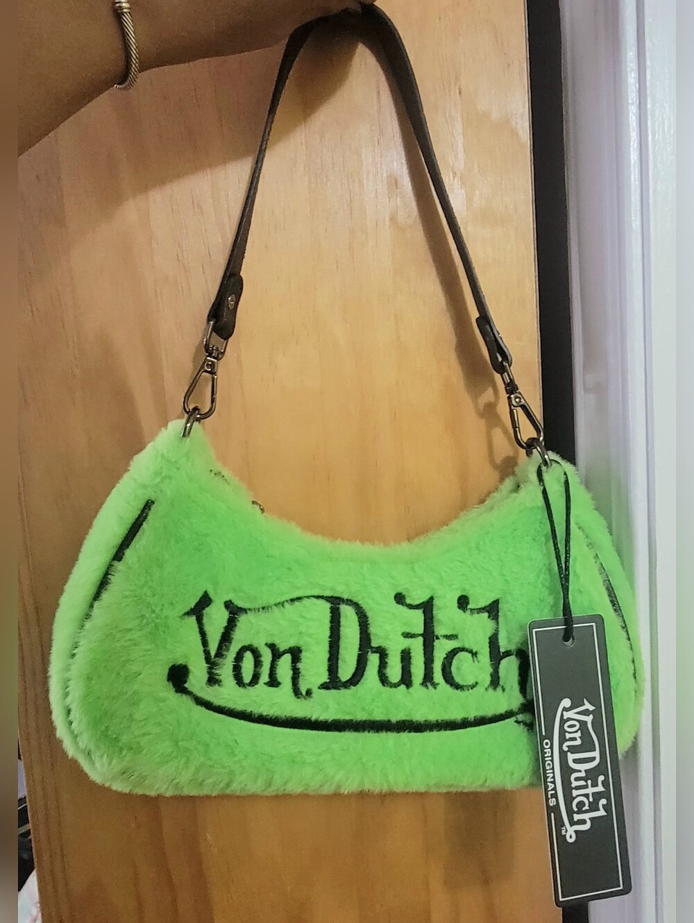 Von Dutch Neon Green Faux Fur Shoulder Bag with Black Logo